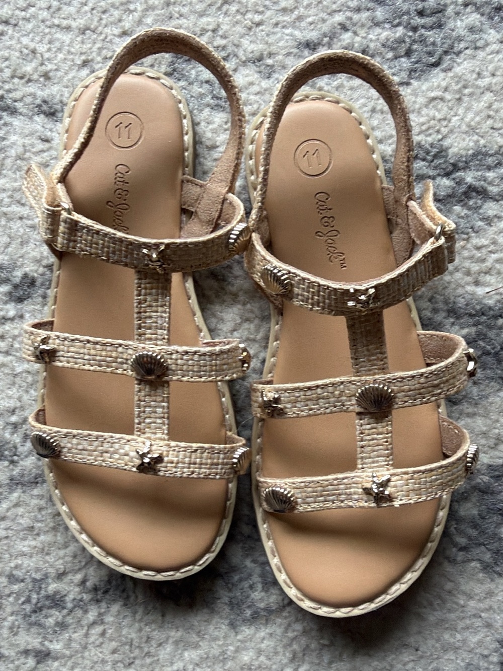 Cat & Jack Neutral Woven T-Strap Sandals with Shell Accents